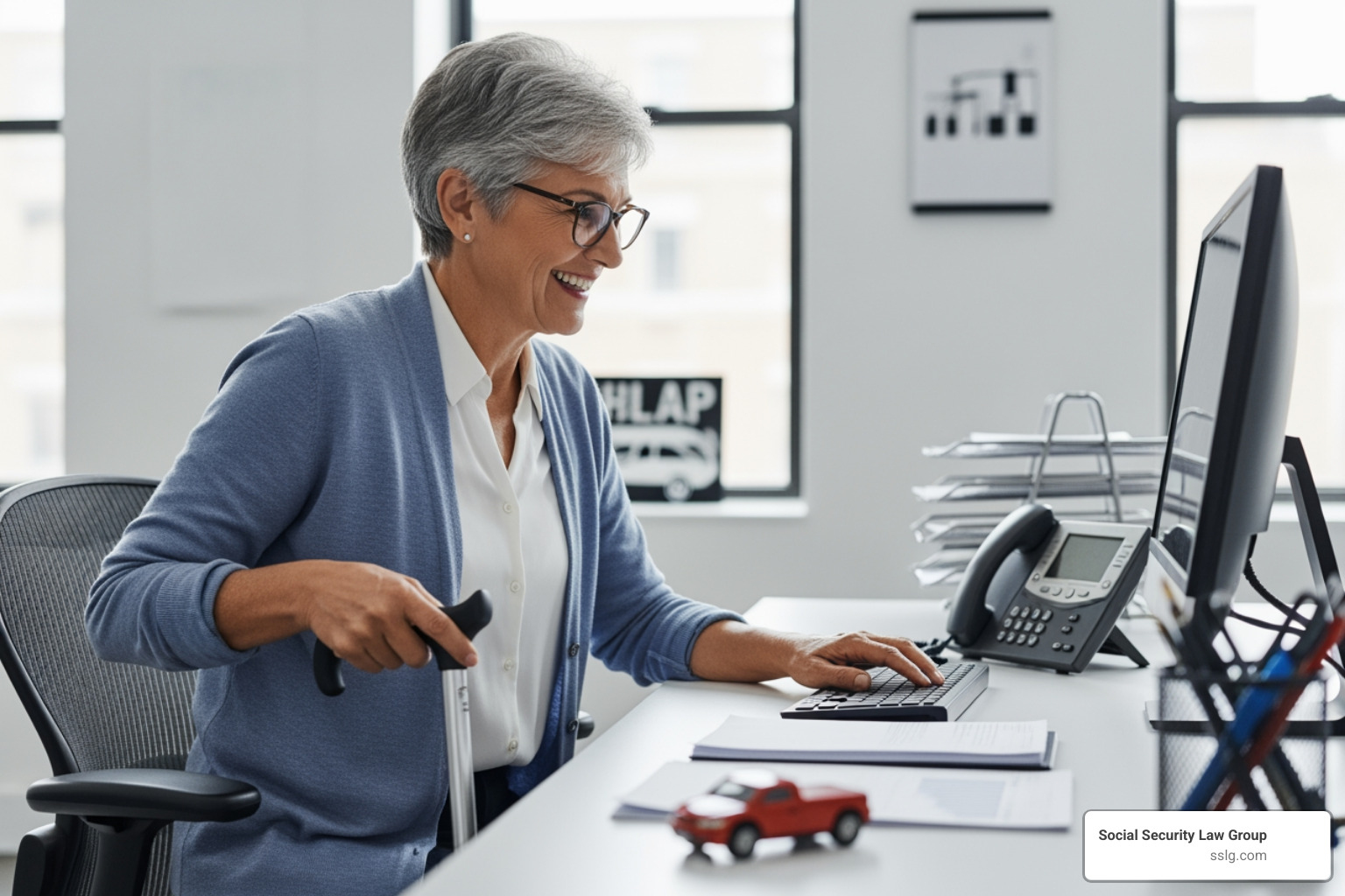 Diverse professional in their 60s with a minor mobility aid working in a modern office setting - work while disabled